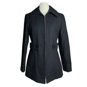 Anne Klein Black Wool Pea Coat Zip SZ Medium- Preppy Classic Corporate Goth